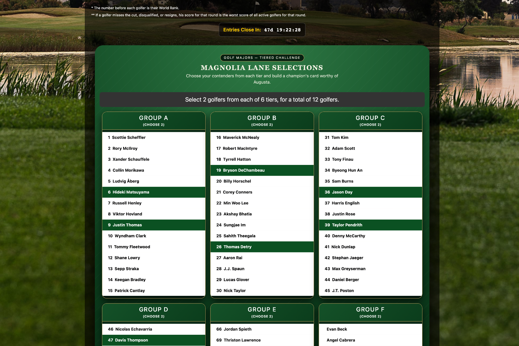 Golf Majors / Masters Tier Contest contest preview